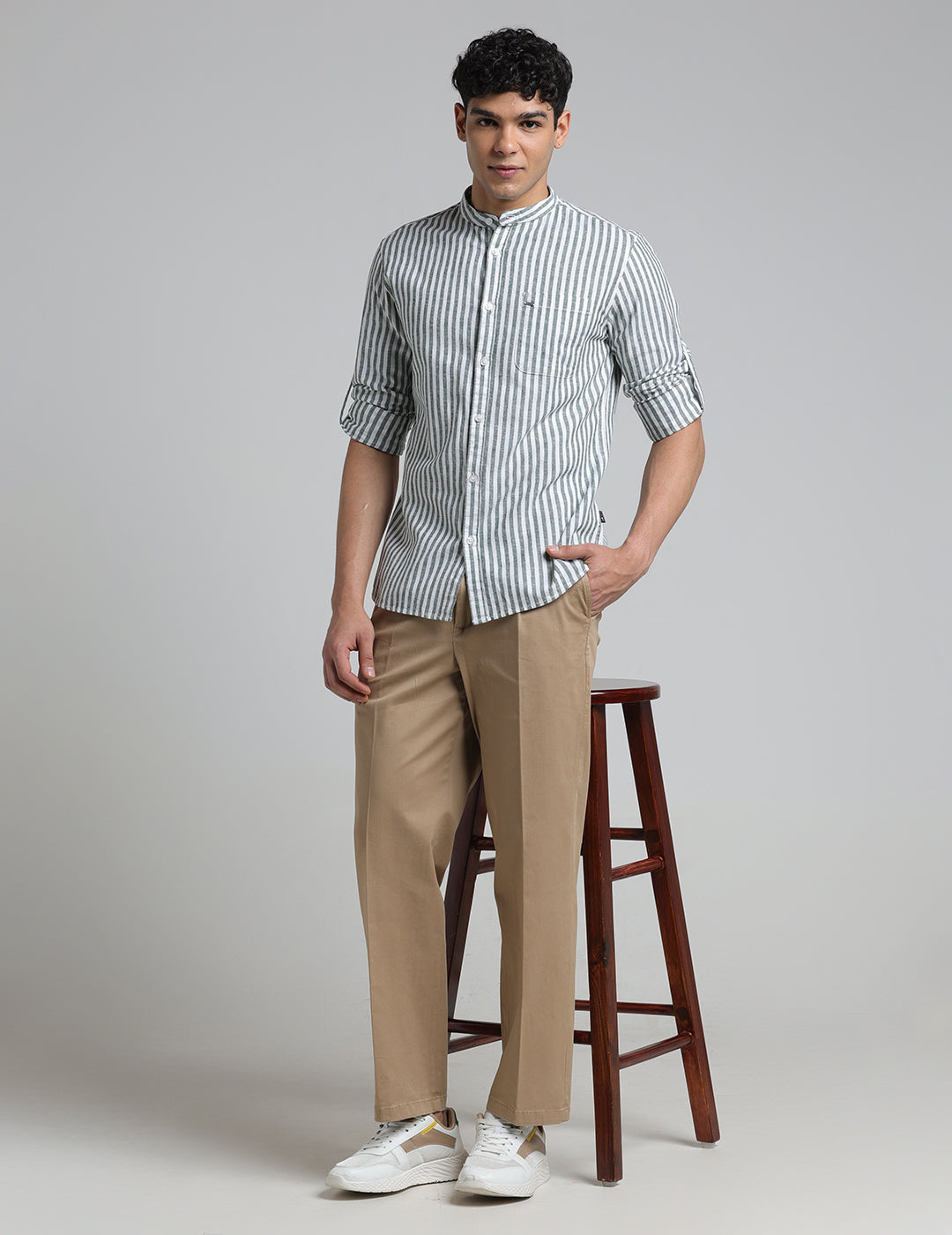 IDENTITI Men Slim Fit Mandarin Collar Striped Shirt In Green.