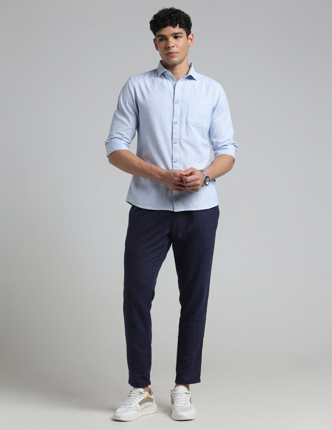 IDENTITI Men Slim Fit Cutaway Collar Striped Shirt In Blue.
