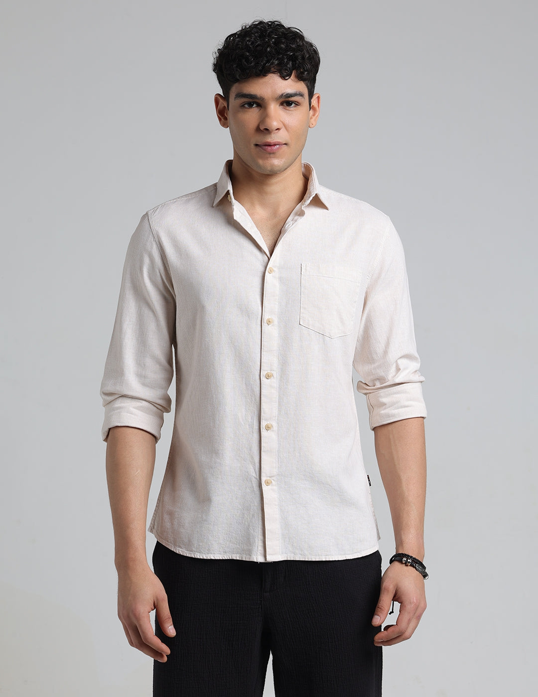 IDENTITI Men Slim Fit Cutaway Collar Striped Shirt In Beige.