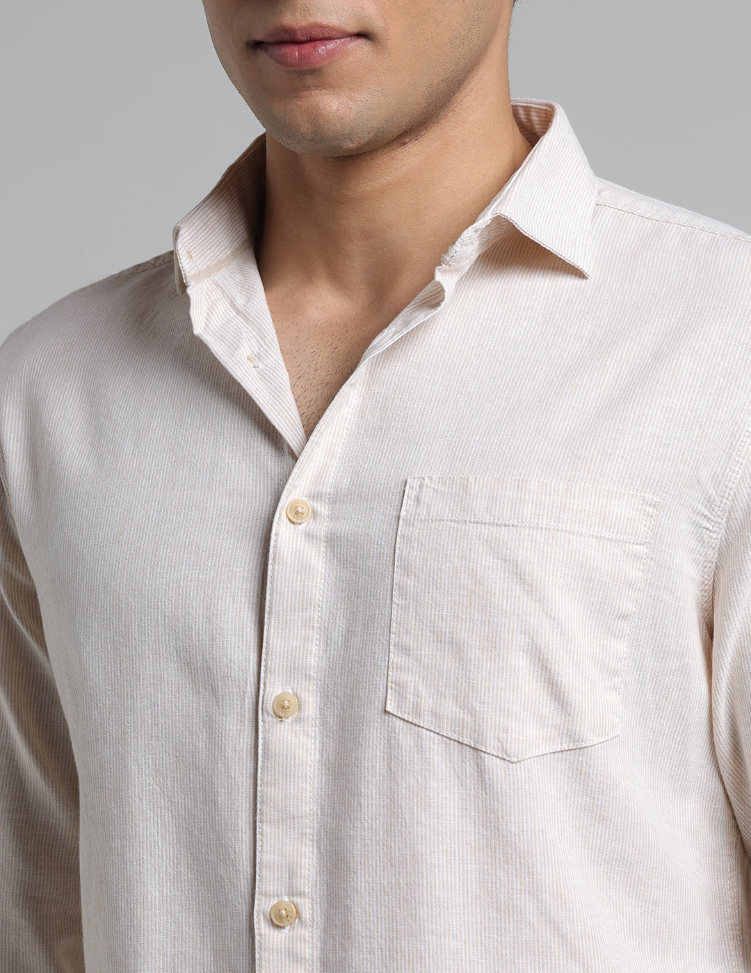 IDENTITI Men Slim Fit Cutaway Collar Striped Shirt In Beige.