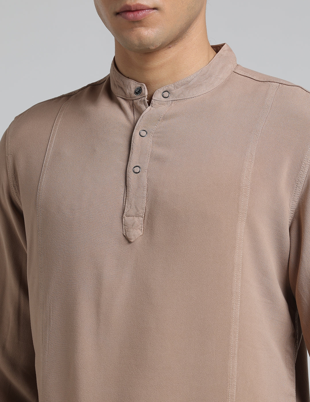 IDENTITI Men Slim Fit Mandarin Collar Solid Shirt In Sand.