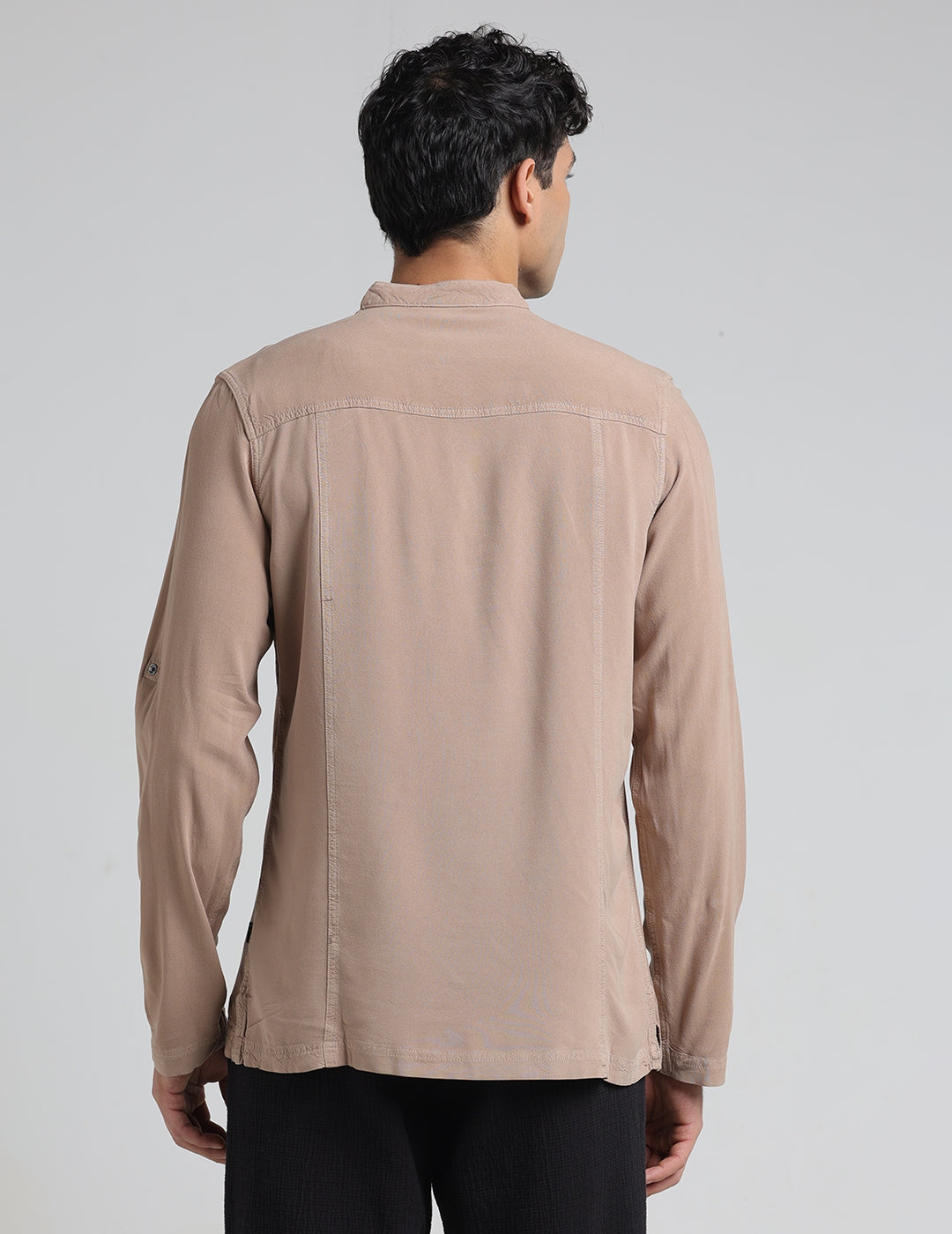 IDENTITI Men Slim Fit Mandarin Collar Solid Shirt In Sand.