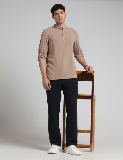 IDENTITI Men Slim Fit Mandarin Collar Solid Shirt In Sand.