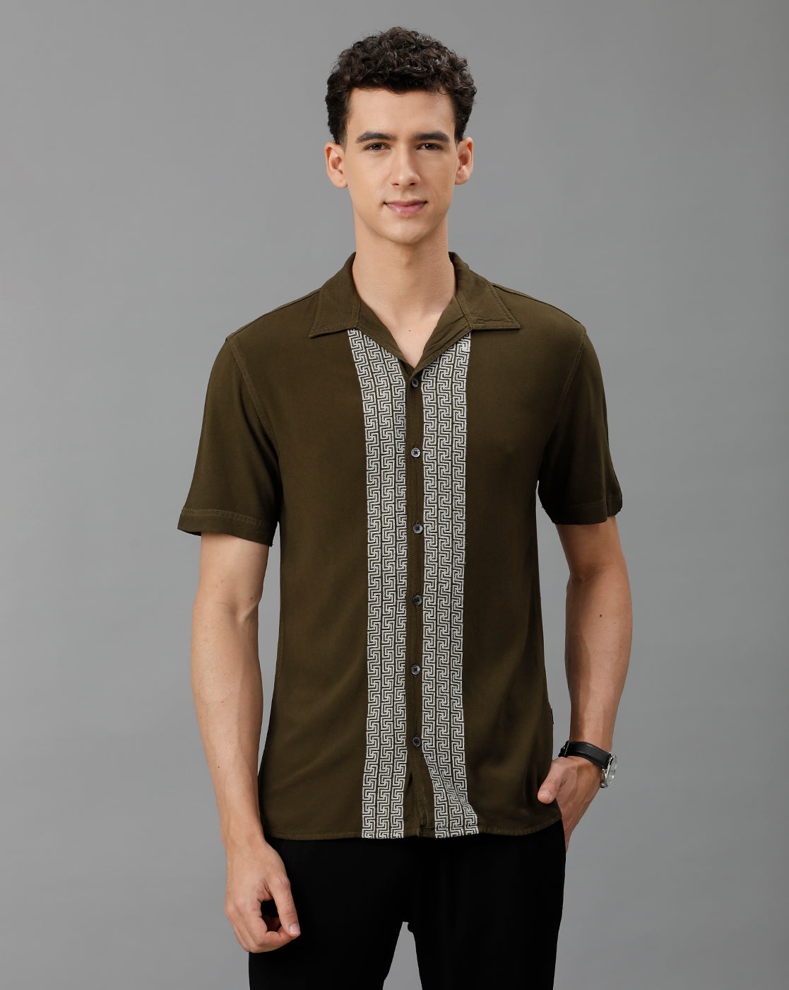 IDENTITI Men Slim Fit Cuban Collar Solid Shirt In Olive.