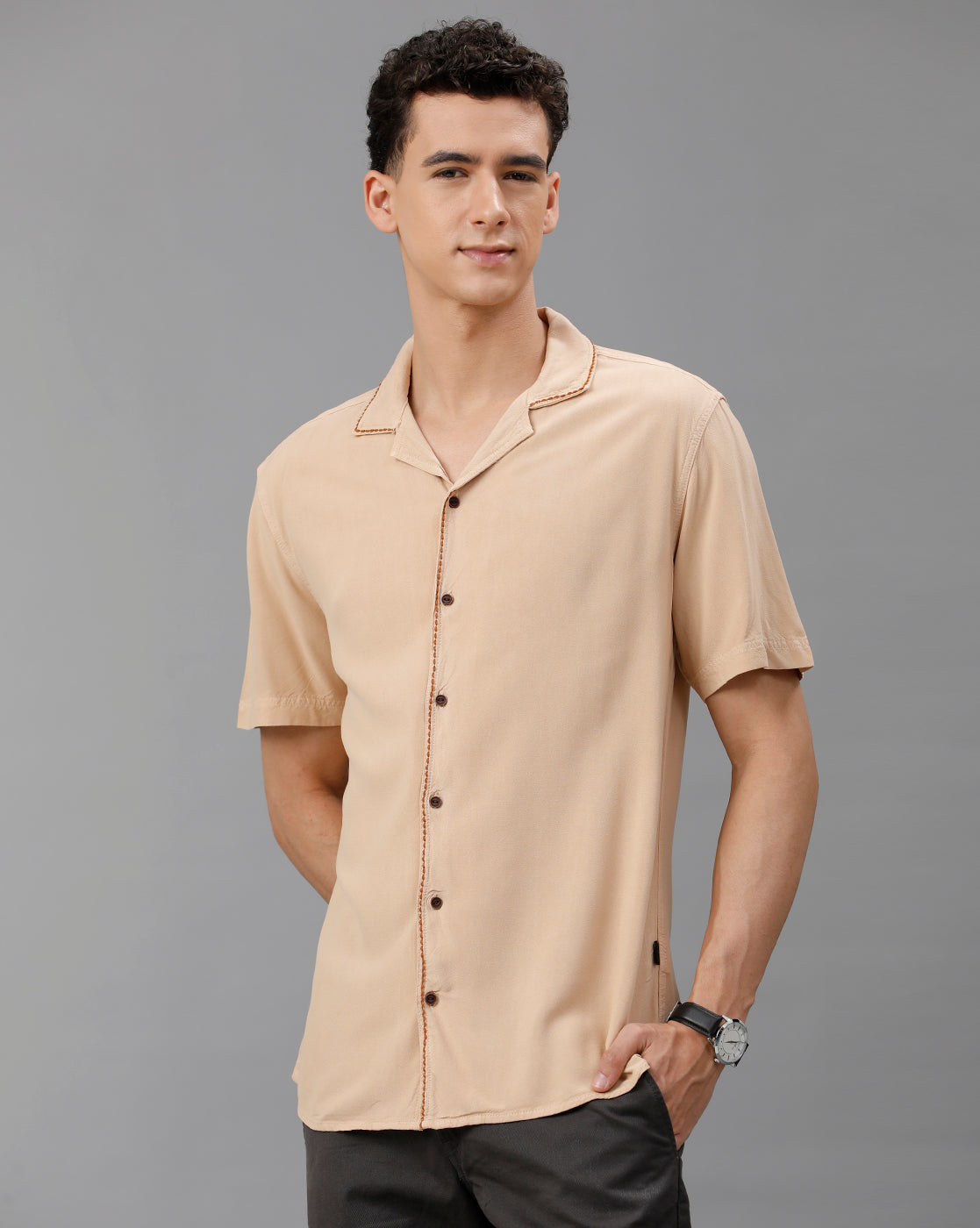 IDENTITI Men Slim Fit Cuban Collar Solid Shirt In Beige.