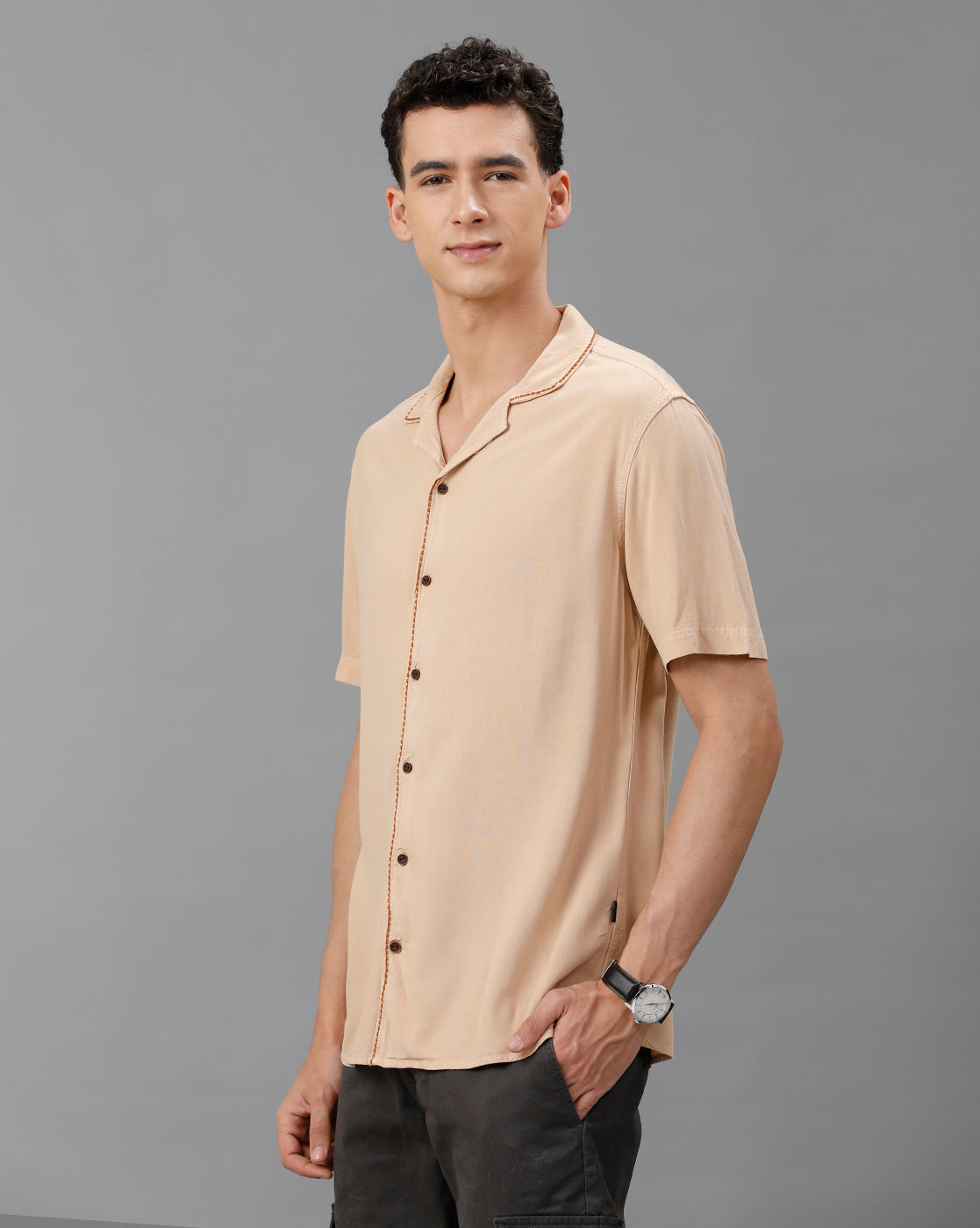 IDENTITI Men Slim Fit Cuban Collar Solid Shirt In Beige.