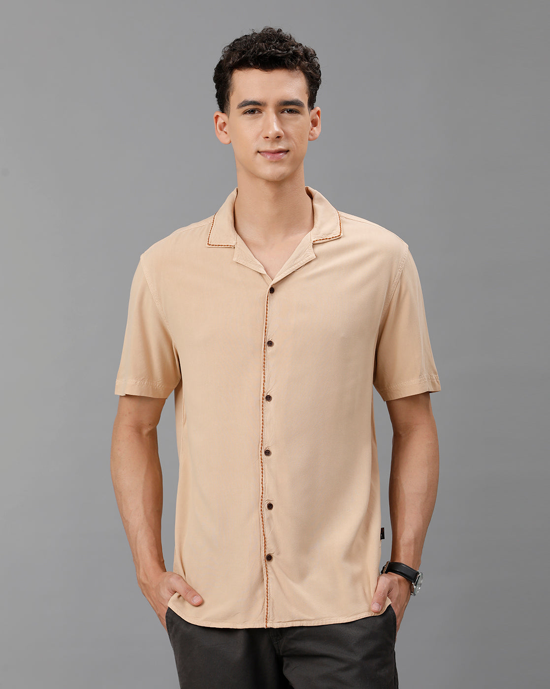 IDENTITI Men Slim Fit Cuban Collar Solid Shirt In Beige.