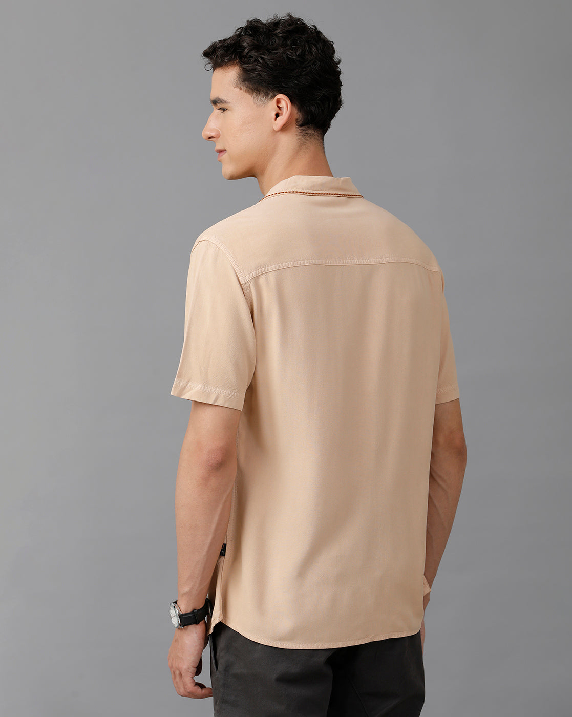 IDENTITI Men Slim Fit Cuban Collar Solid Shirt In Beige.