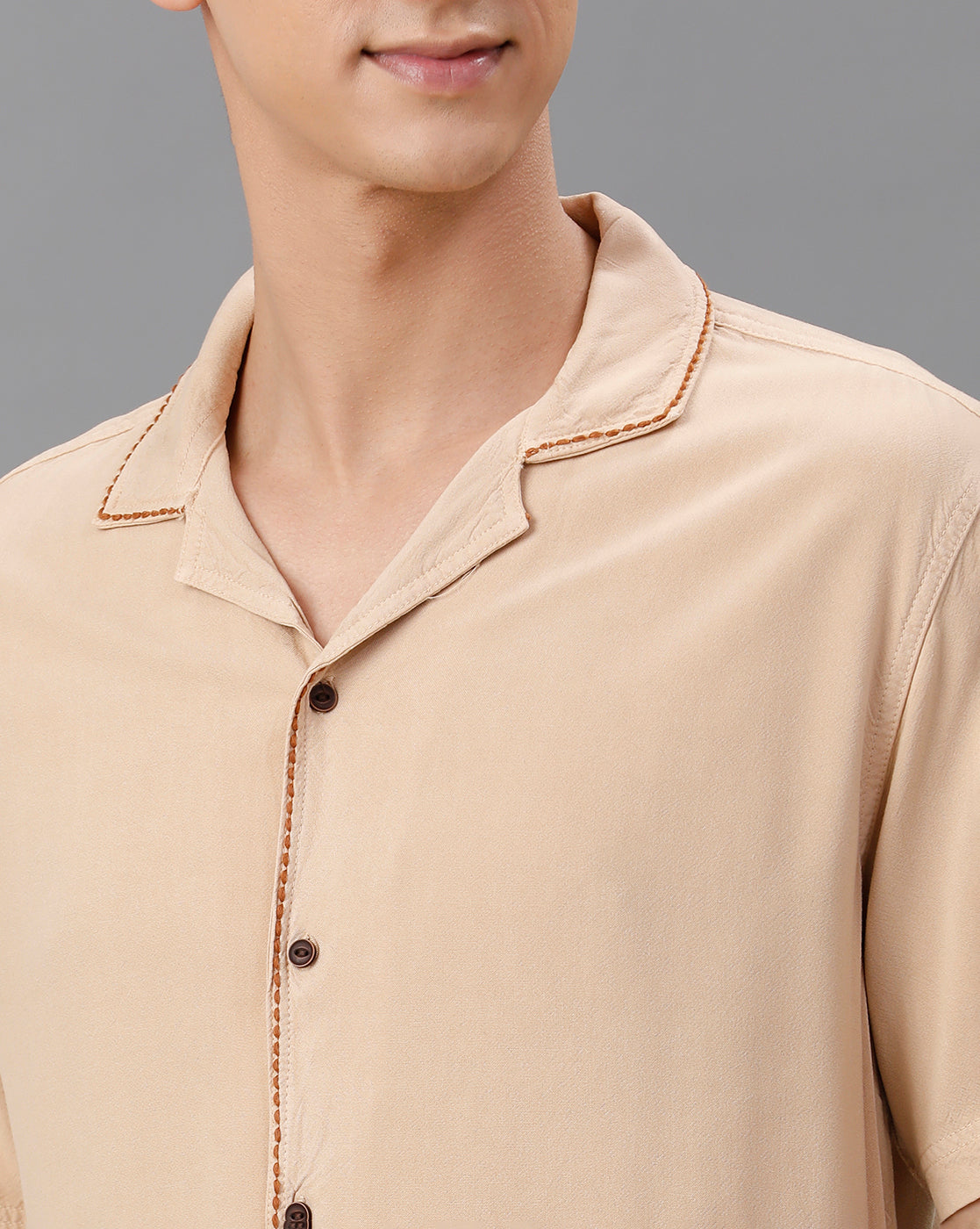 IDENTITI Men Slim Fit Cuban Collar Solid Shirt In Beige.