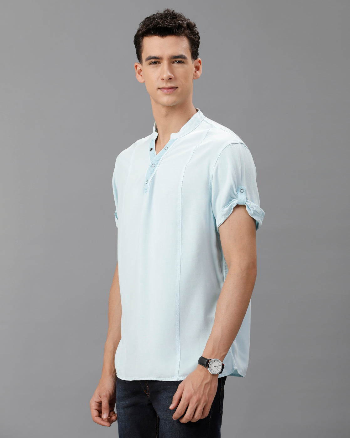 IDENTITI Men Slim Fit Mandarin Collar Solid Shirt In Ocean Blue.