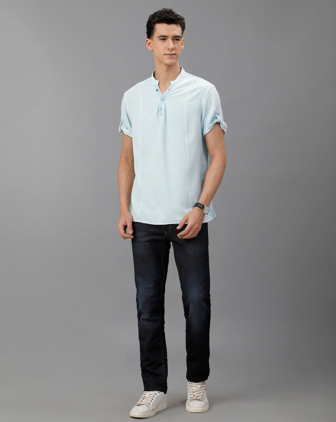 IDENTITI Men Slim Fit Mandarin Collar Solid Shirt In Ocean Blue.