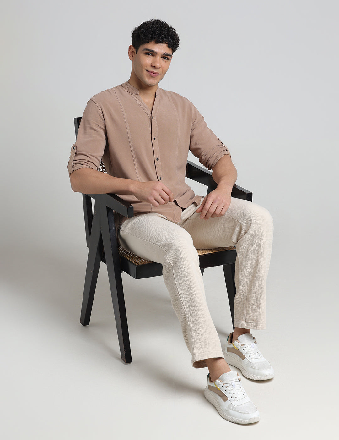 IDENTITI Men Slim Fit Mandarin Collar Solid Shirt In Sand.