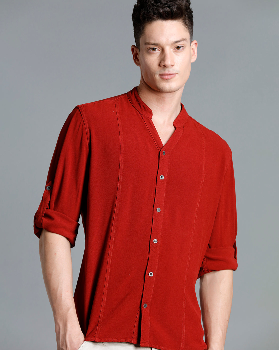 IDENTITI Men Slim Fit Mandarin Collar Solid Shirt In Rust