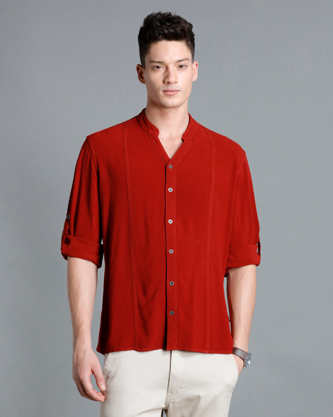 IDENTITI Men Slim Fit Mandarin Collar Solid Shirt In Rust