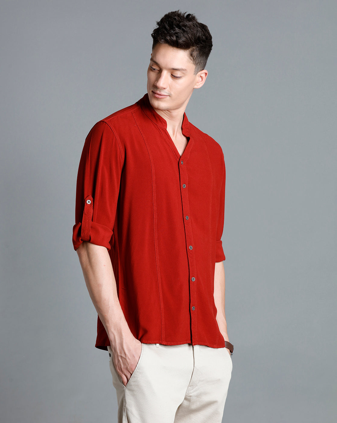 IDENTITI Men Slim Fit Mandarin Collar Solid Shirt In Rust