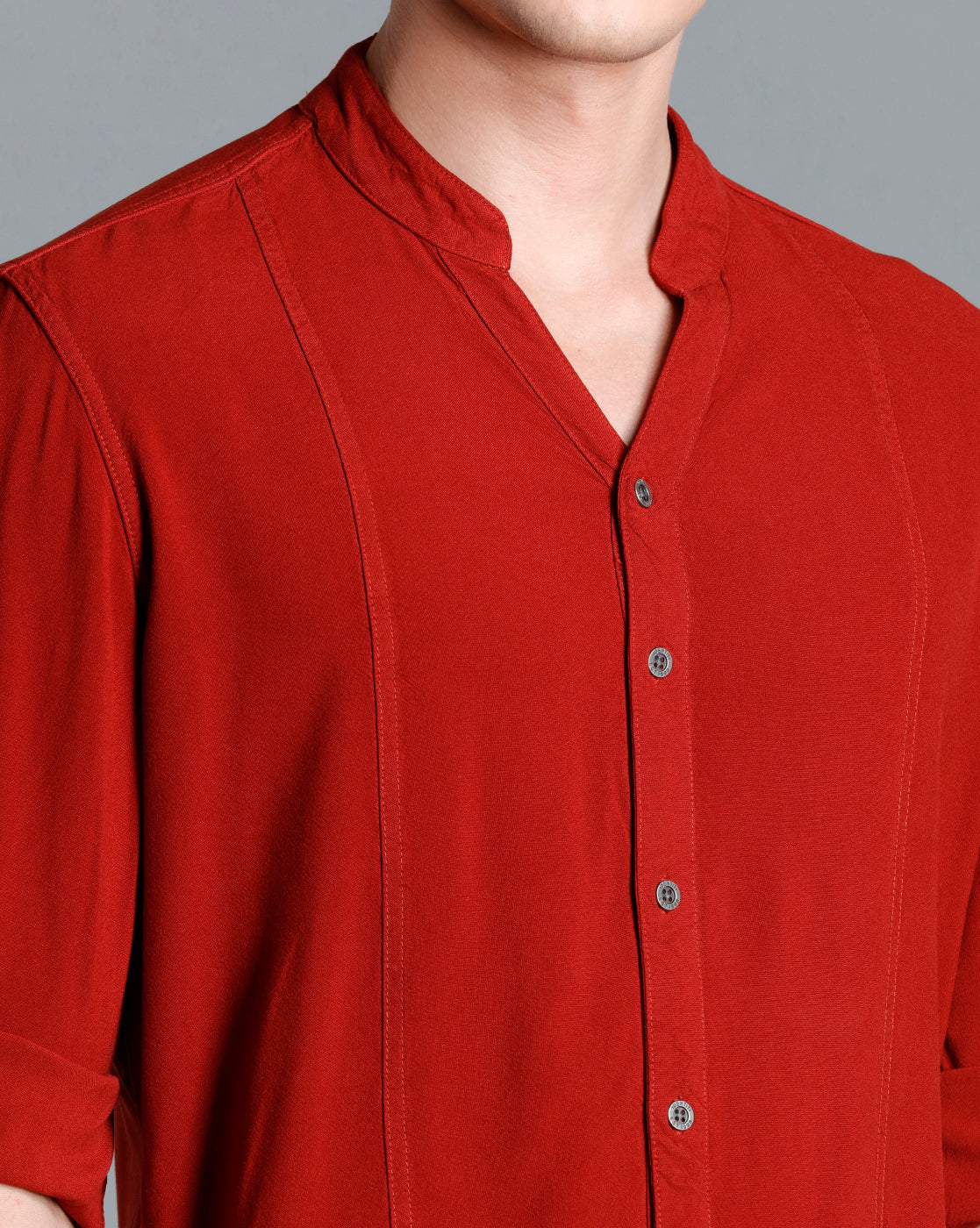 IDENTITI Men Slim Fit Mandarin Collar Solid Shirt In Rust