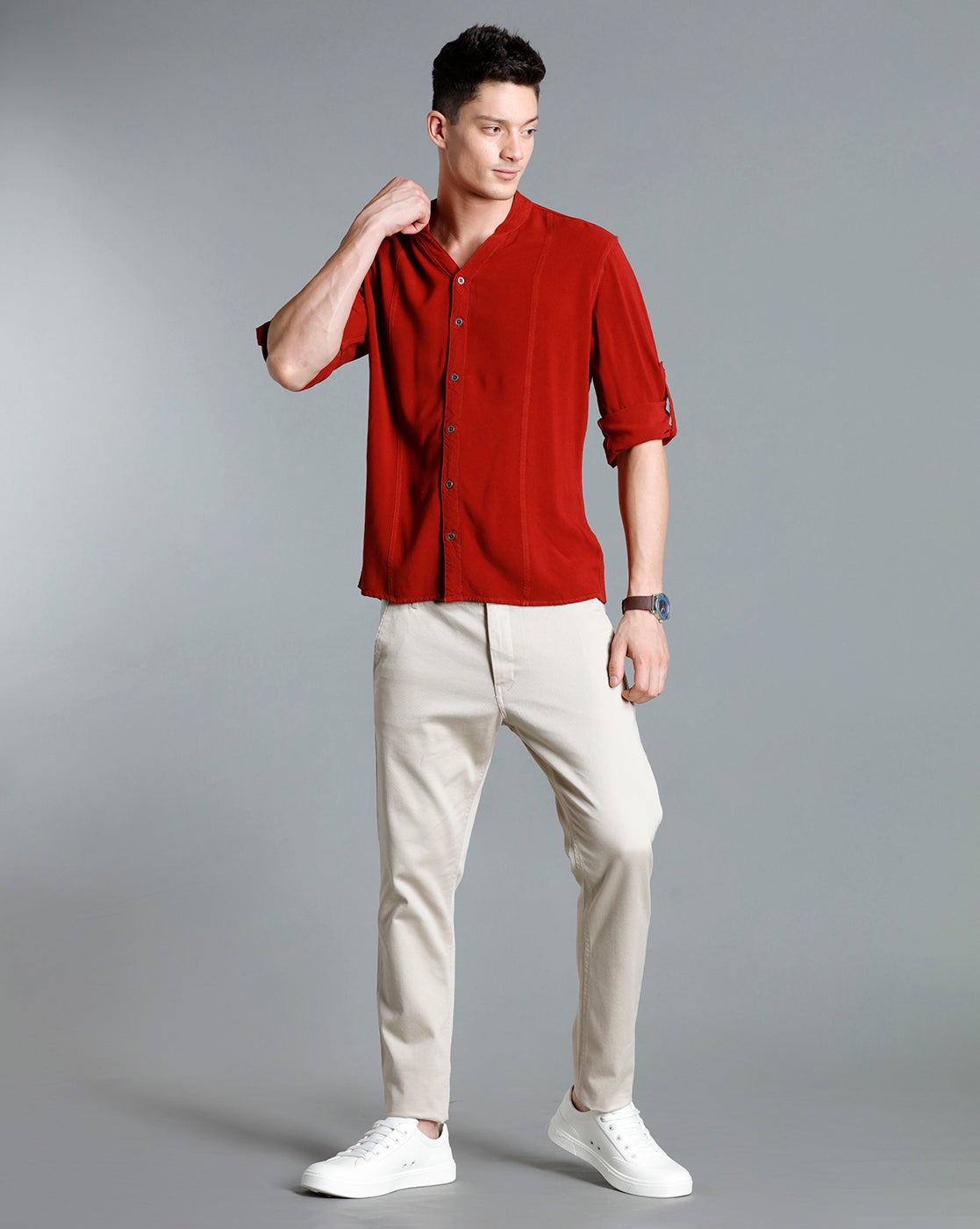IDENTITI Men Slim Fit Mandarin Collar Solid Shirt In Rust