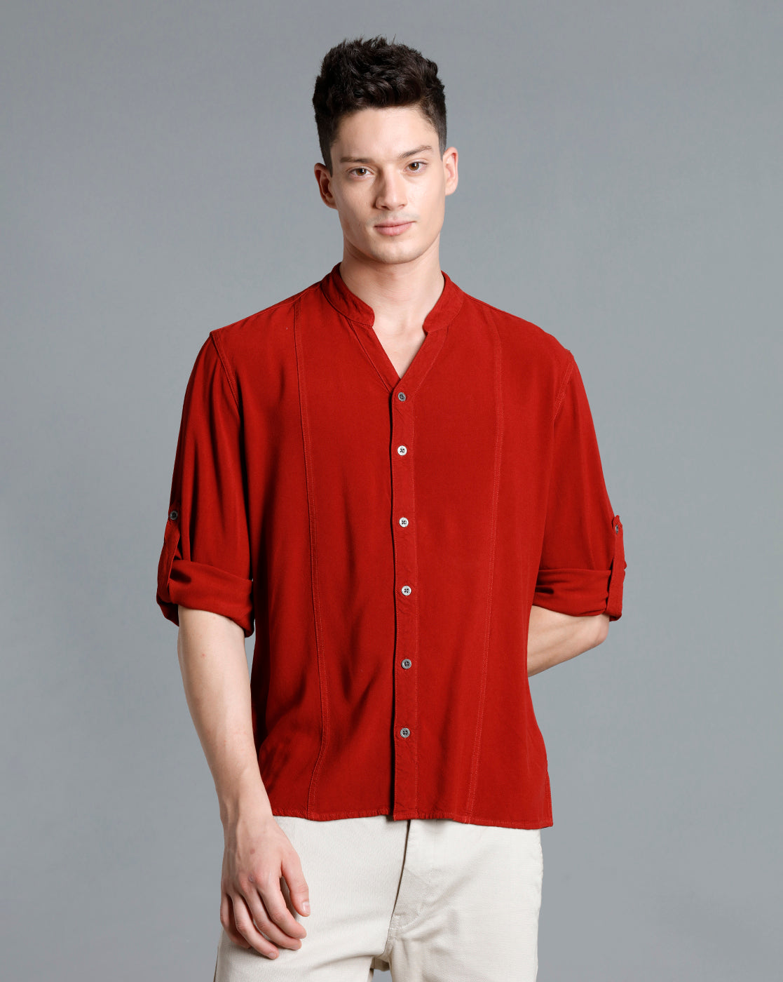 IDENTITI Men Slim Fit Mandarin Collar Solid Shirt In Rust