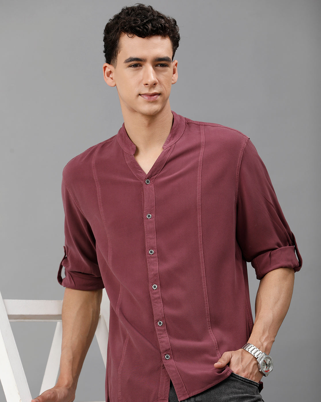 IDENTITI Men Slim Fit Mandarin Collar Solid Shirt In Onion.