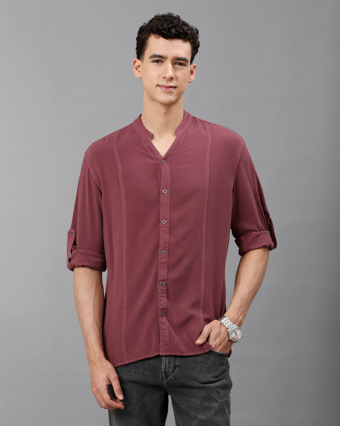 IDENTITI Men Slim Fit Mandarin Collar Solid Shirt In Onion.