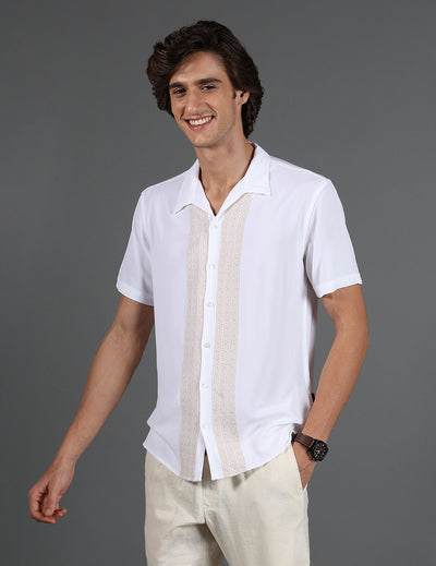 IDENTITI Men Slim Fit Cuban Collar Solid Shirt In White.