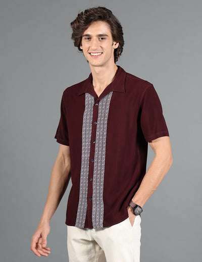IDENTITI Men Slim Fit Cuban Collar Solid Shirt In Brown.