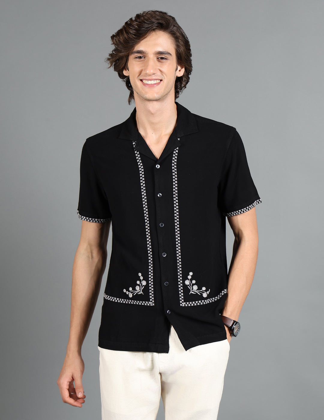 IDENTITI Men Slim Fit Cuban Collar Solid Shirt In Black.