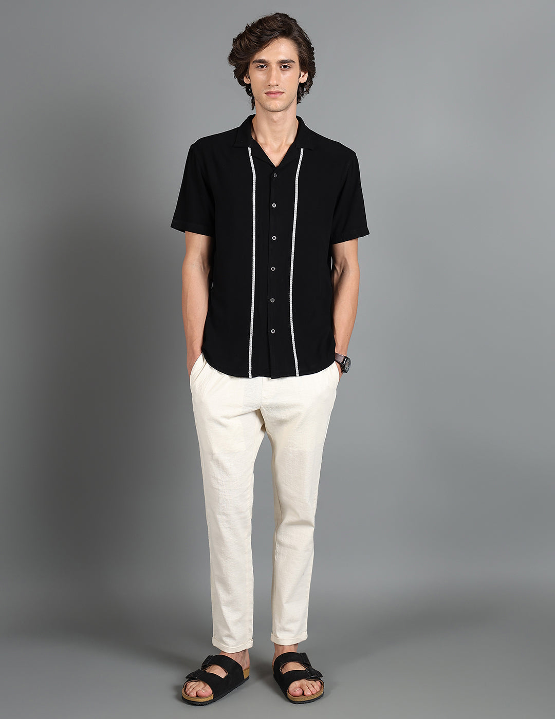 IDENTITI Men Slim Fit Cuban Collar Solid Shirt In Black.