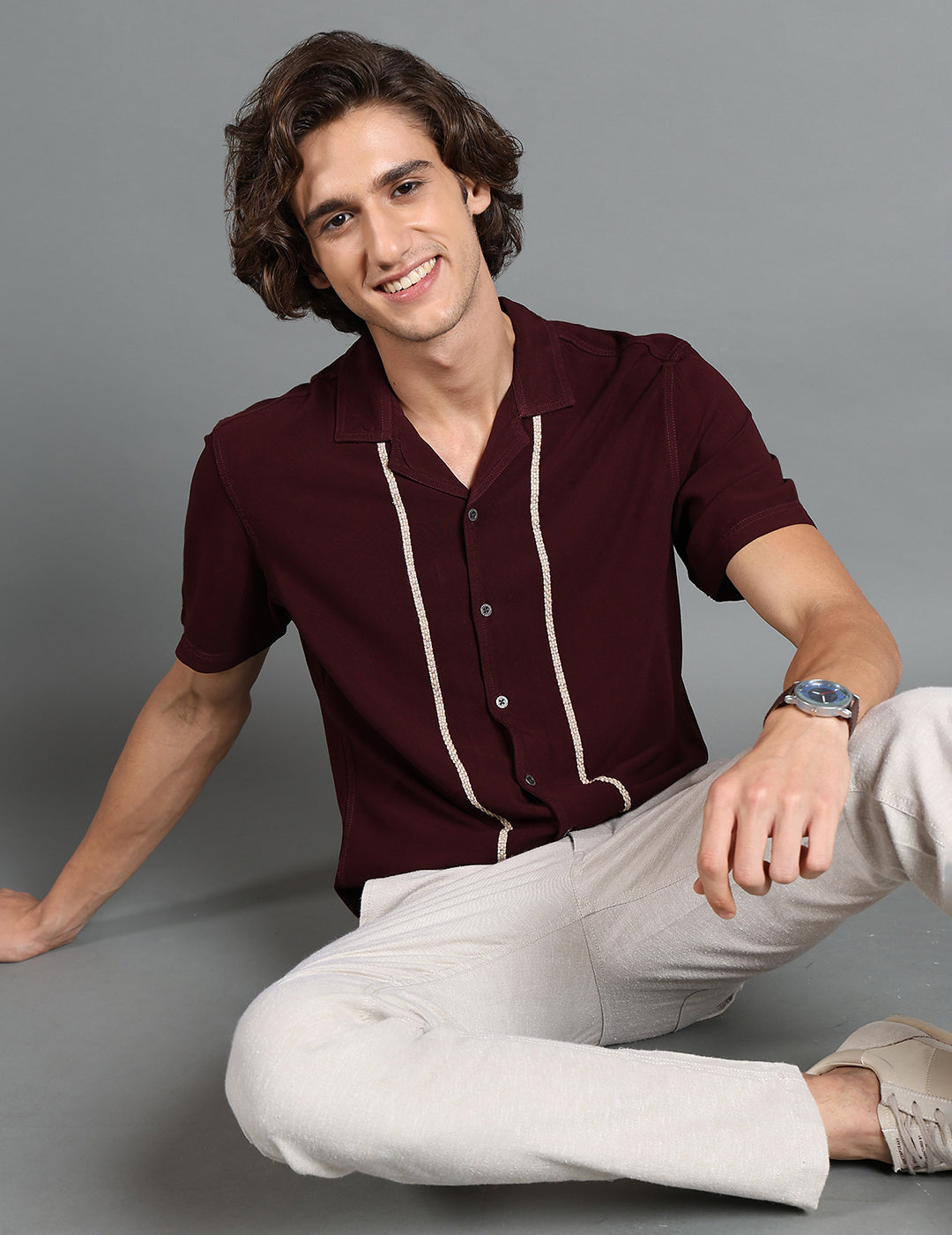 IDENTITI Men Slim Fit Cuban Collar Solid Shirt In Brown.