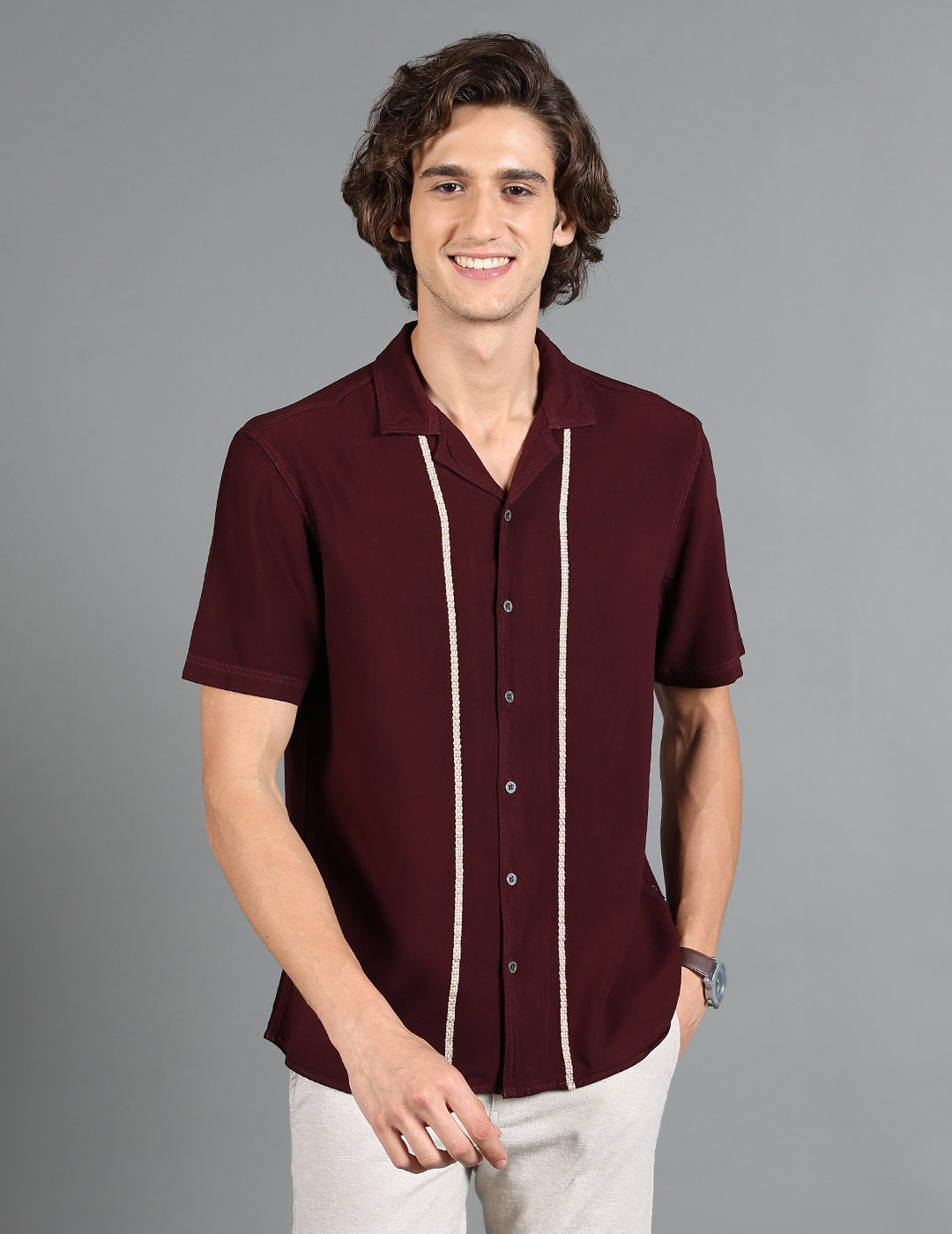 IDENTITI Men Slim Fit Cuban Collar Solid Shirt In Brown.