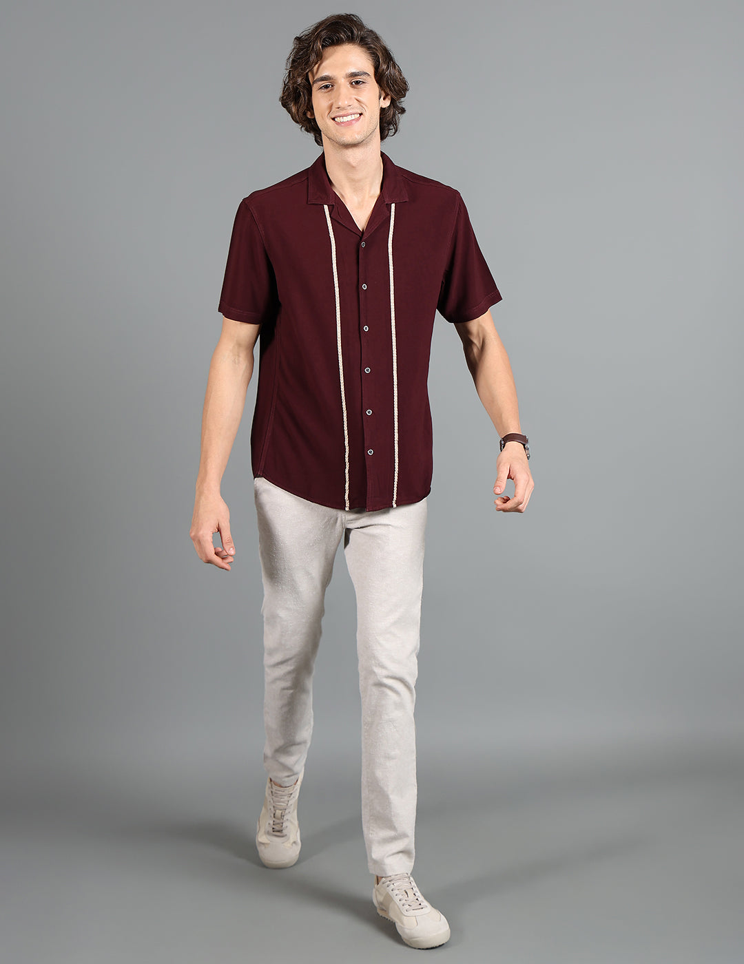 IDENTITI Men Slim Fit Cuban Collar Solid Shirt In Brown.