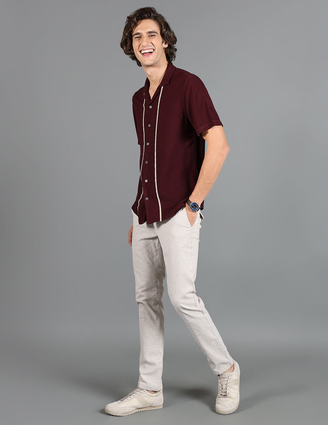 IDENTITI Men Slim Fit Cuban Collar Solid Shirt In Brown.