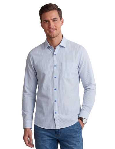 IDENTITI Men Slim Fit Cutaway Collar Striped Shirt In Blue.