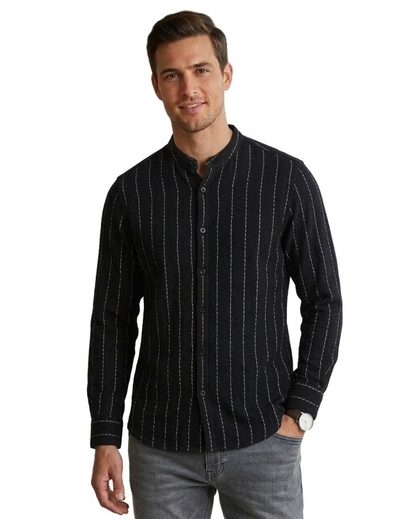 IDENTITI Men Slim Fit Mandarin Collar Striped Shirt In Black.