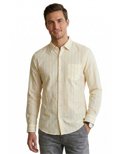 IDENTITI Men Slim Fit Spread Collar Striped Shirt In Yellow.