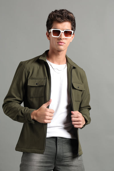 IDENTITI Men Slim Fit Regular Collar Solid Jacket In Olive.