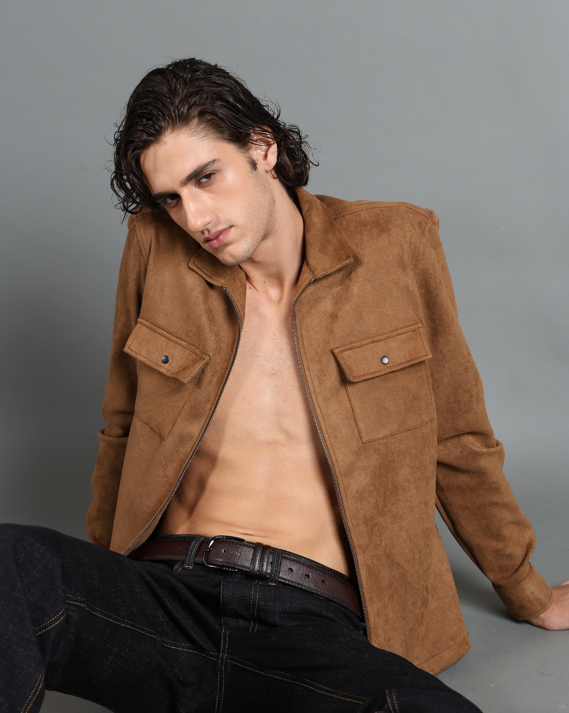 IDENTITI Men Slim Fit Regular Collar Solid Suede Jacket In Khaki
