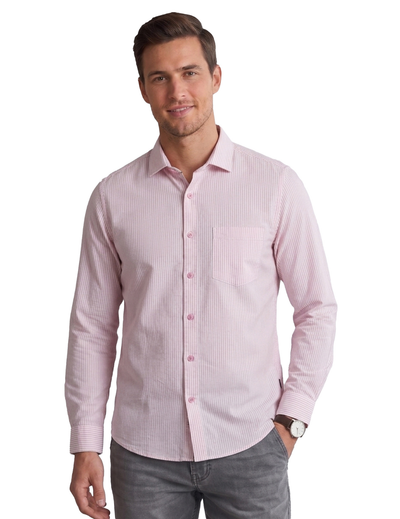 IDENTITI Men Slim Fit Cutaway Collar Striped Shirt In Pink.