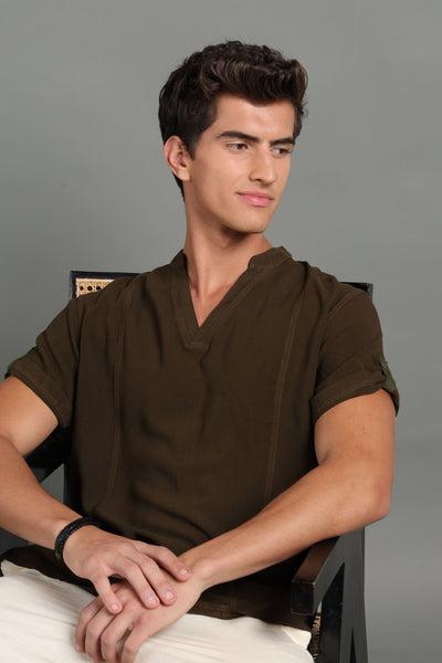 IDENTITI Men Slim Fit Mandarin Collar Solid Shirt In Olive.