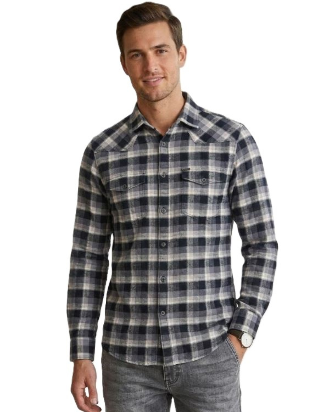 IDENTITI Men Slim Fit Regular Collar Checked Shirt In Black.