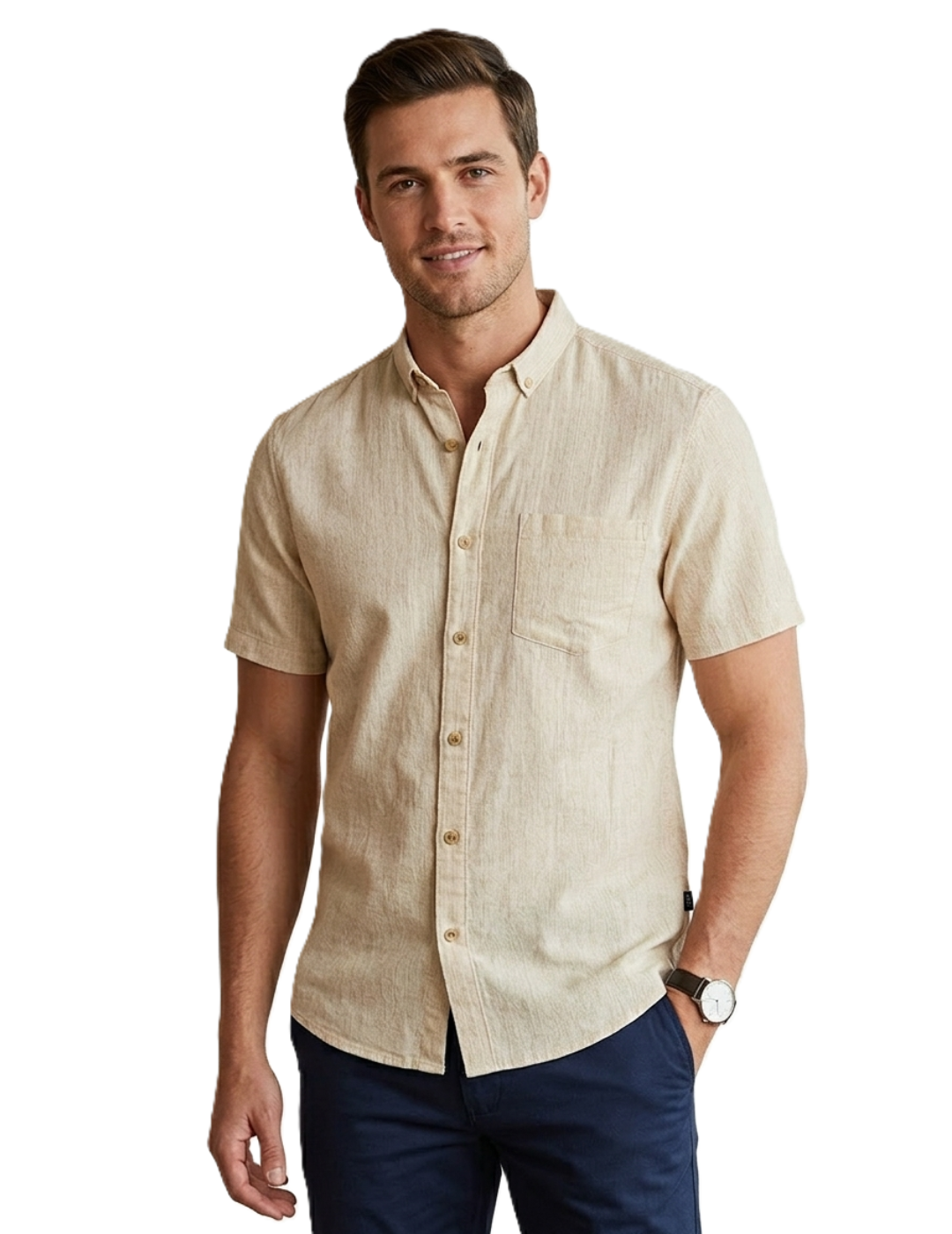IDENTITI Men Slim Fit Short Collar Solid Shirt In Beige.