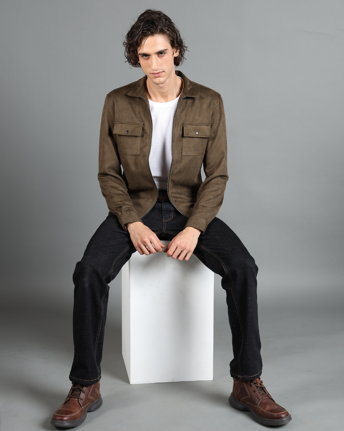 IDENTITI Men Slim Fit Regular Collar Solid Suede Jacket In Olive Green.