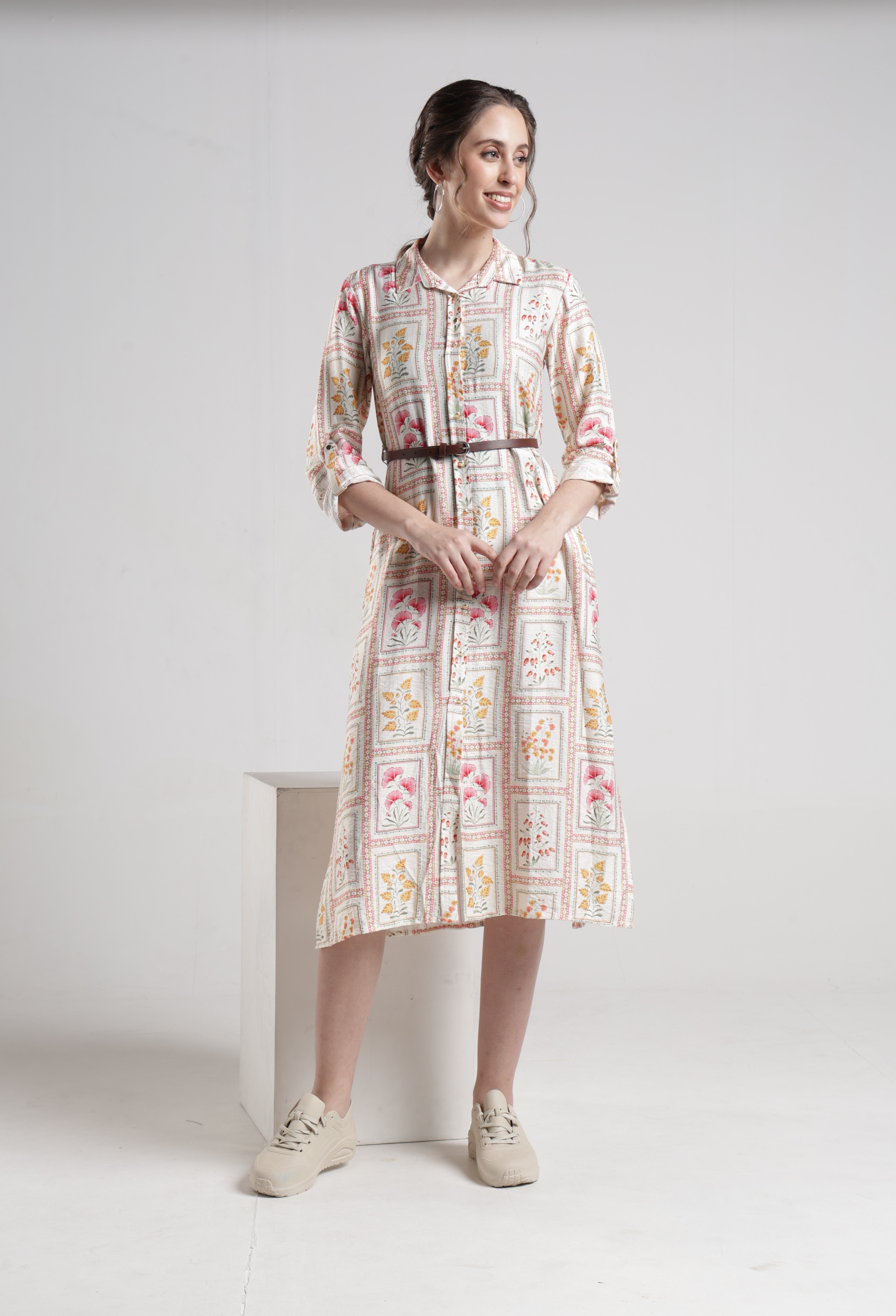 Identiti Women Casual Printed Dress - Cream