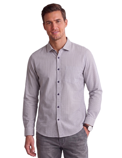 IDENTITI Men Slim Fit Cutaway Collar Striped Shirt In Grey.