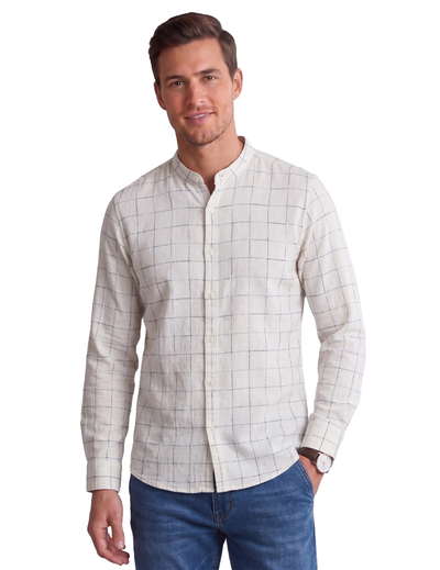 IDENTITI Men Slim Fit Mandarin Collar Checks Shirt In Offwhite.