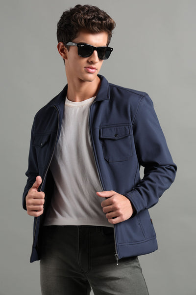 IDENTITI Men Slim Fit Regular Collar Solid Jacket In Navy.