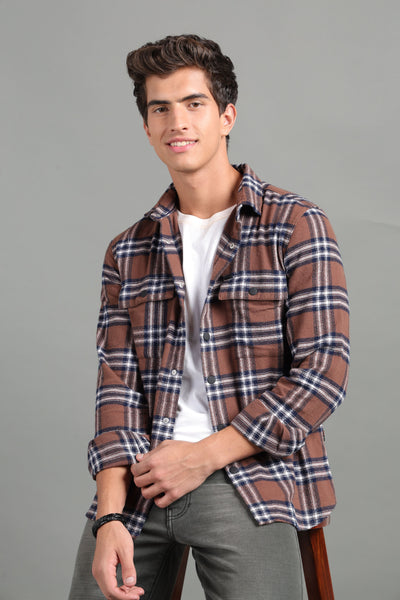 IDENTITI Men Slim Fit Regular Collar Checks Shacket In Brown.