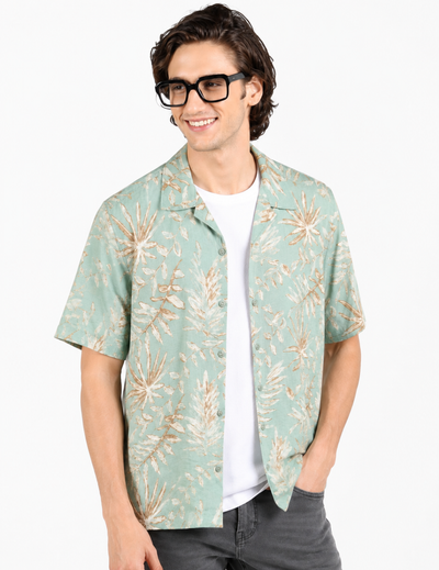IDENTITI Men Slim Fit Cuban Collar Printed Shirt In Mint.