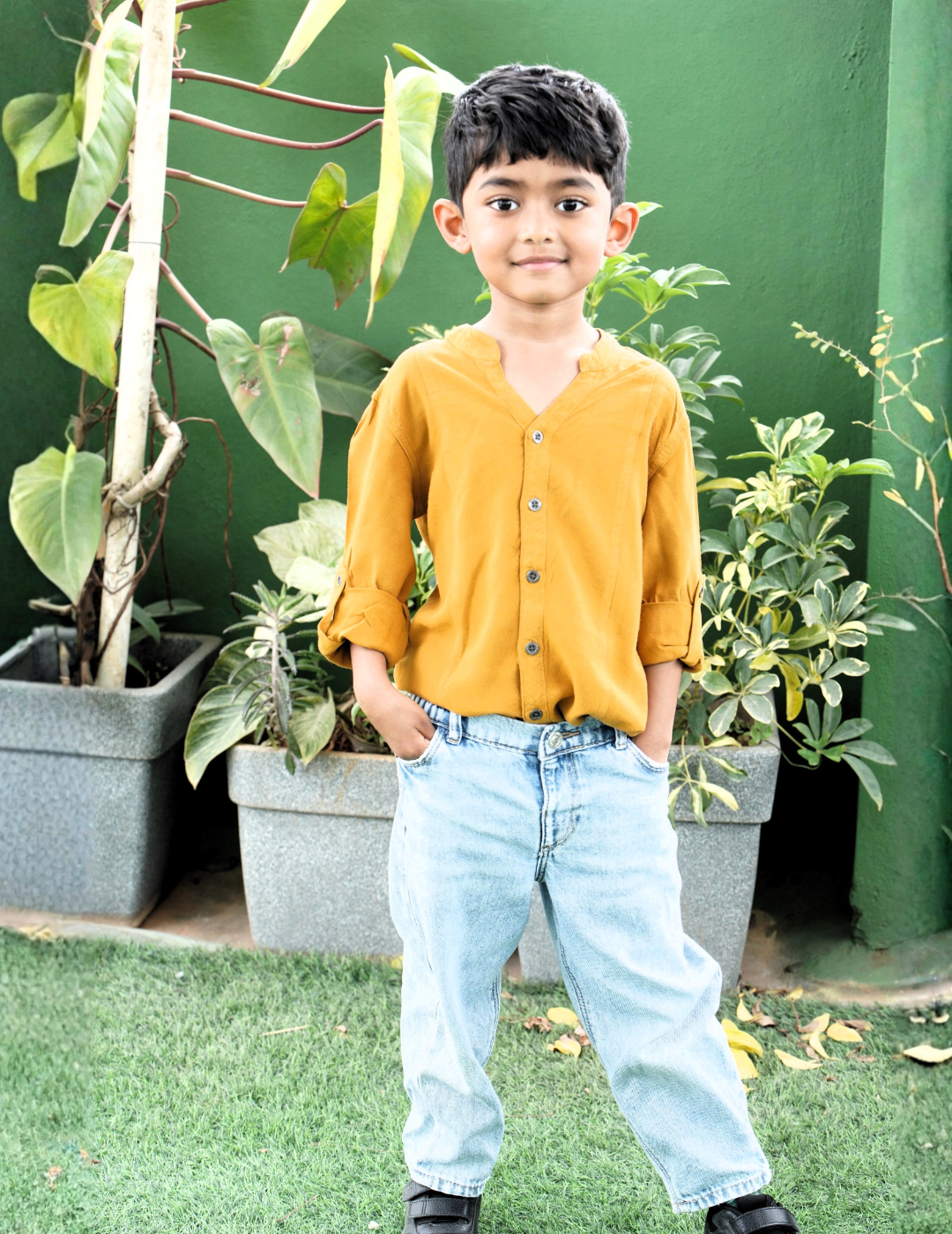 IDENTITI Boys Slim Fit Mandarin Collar Viscose Solid Shirt In Mustard.