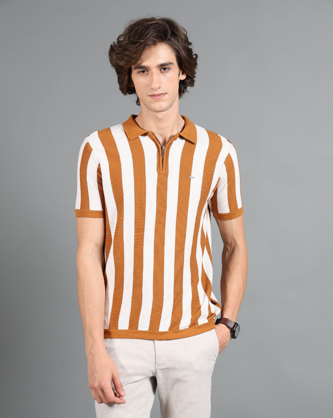 IDENTITI Brown Half Sleeve Striped Slim Fit Cotton Casual Polo T-Shirt For Men.